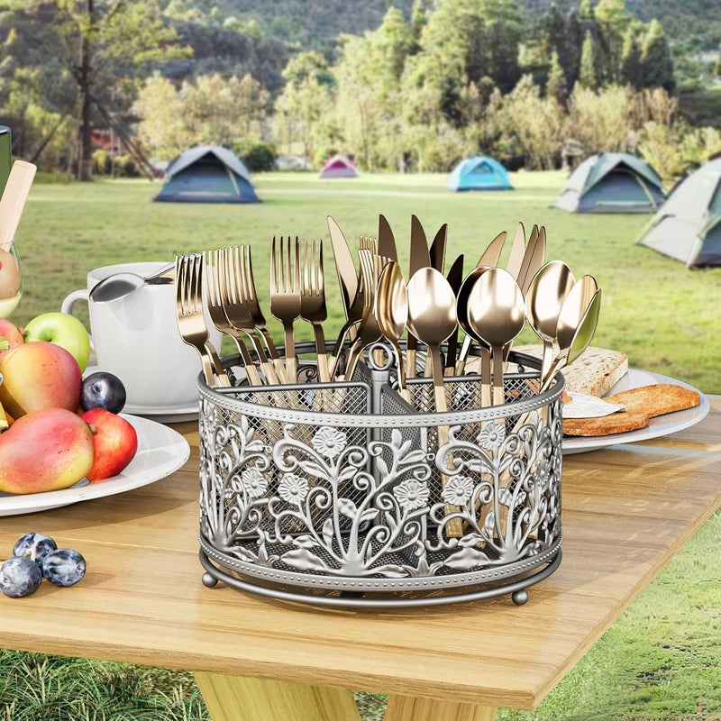 YIUKEA 360° Rotating Utensil Caddy - Silverware Cutlery Caddy Holder with 4 Compartment, Metal Flatware Organizer Countertop with Handle for Party Camping Picnic, Kitchen Counter, Office (Silver) - Image 4